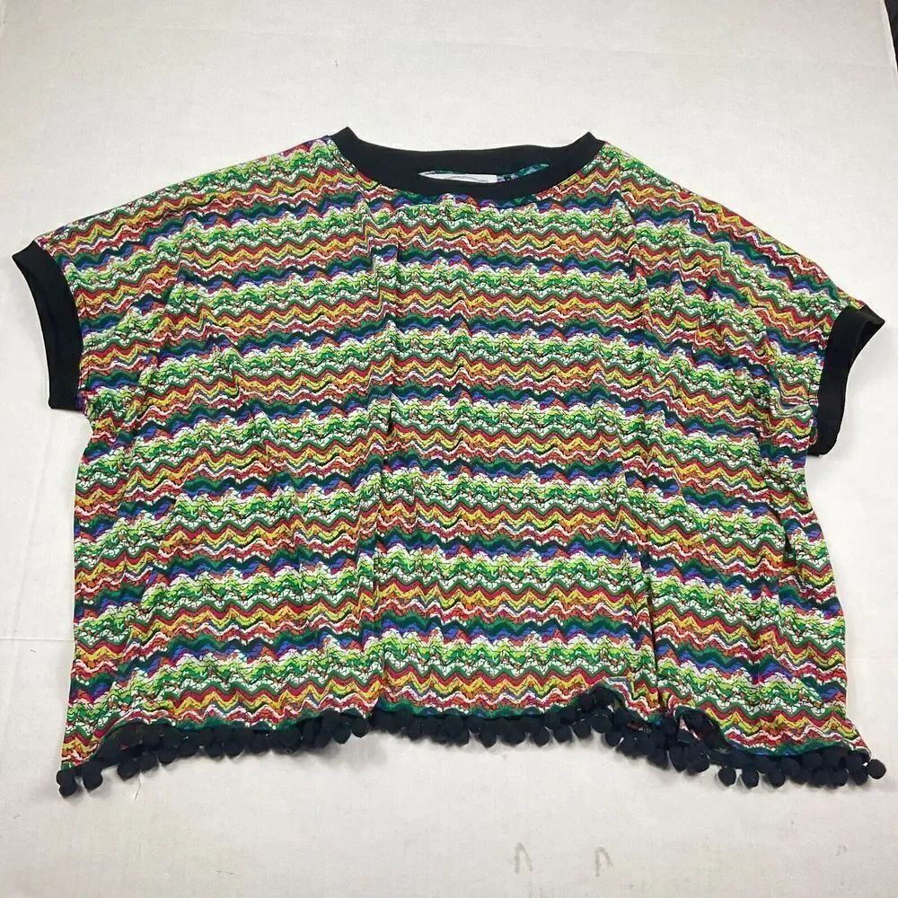 Anthropologie KAS New York Poncho Blouse Colorful Short Sleeve Pom Pom SMALL